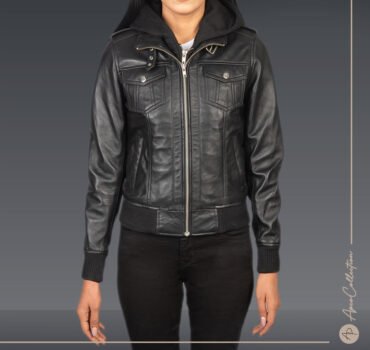 Sarah Black Hooded Leather Bomber Jacket
