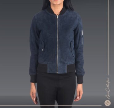 Sarah Navy Suede Leather Bomber Jacket